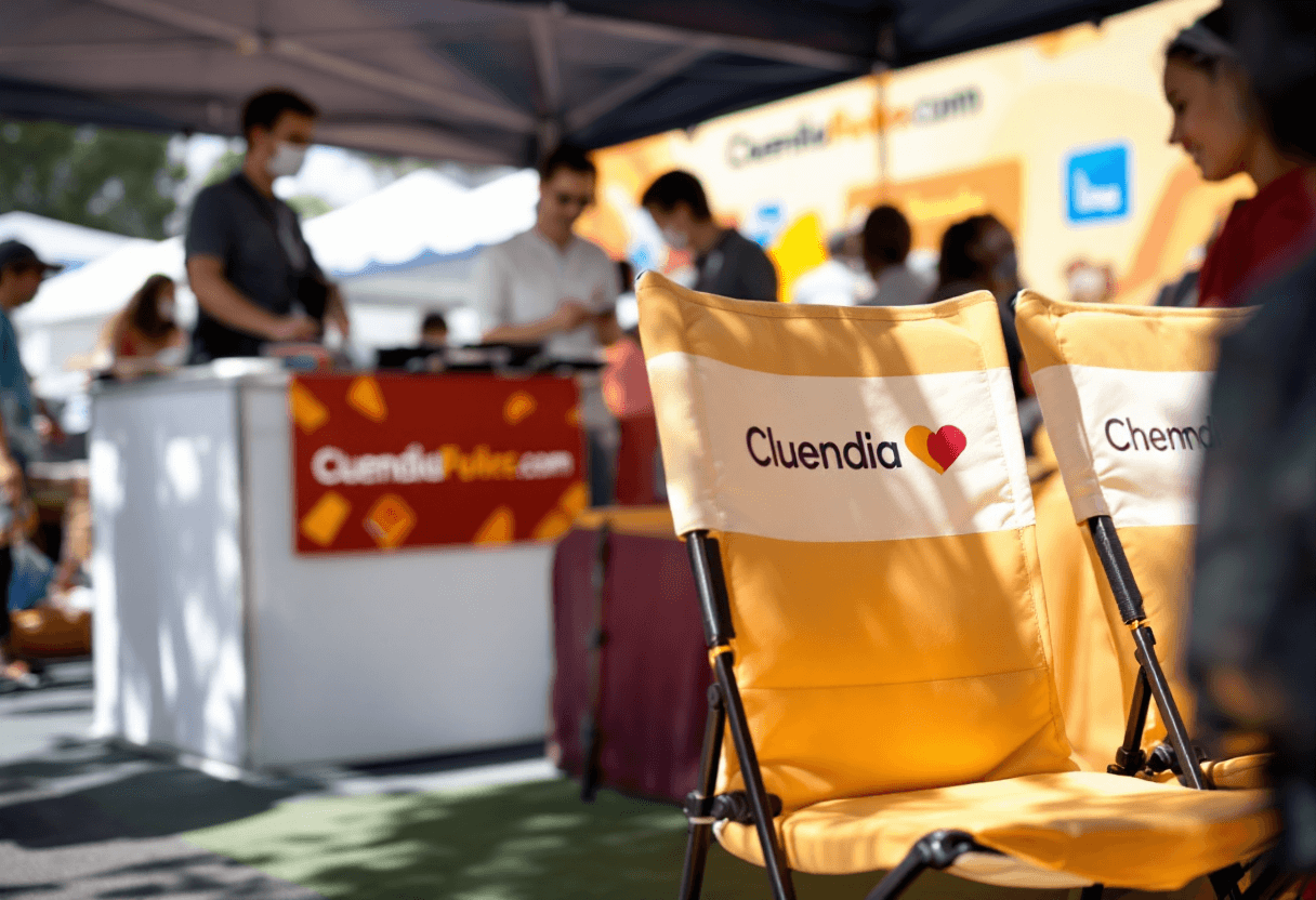 chaises publicitaires avec logo près d’un stand salon extérieur